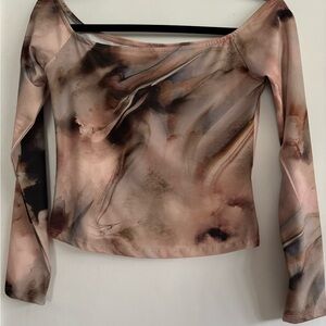 Bershka Cream and Brown Asymmetrical Long Sleeve Blouse